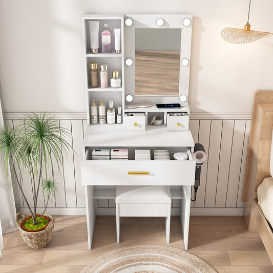 Vanity Table With Mirror & Adjustable LED Lights, Power Outlet, Hairdryer Holder & Stool -Compact Dressing Desk For Small Bedrooms White