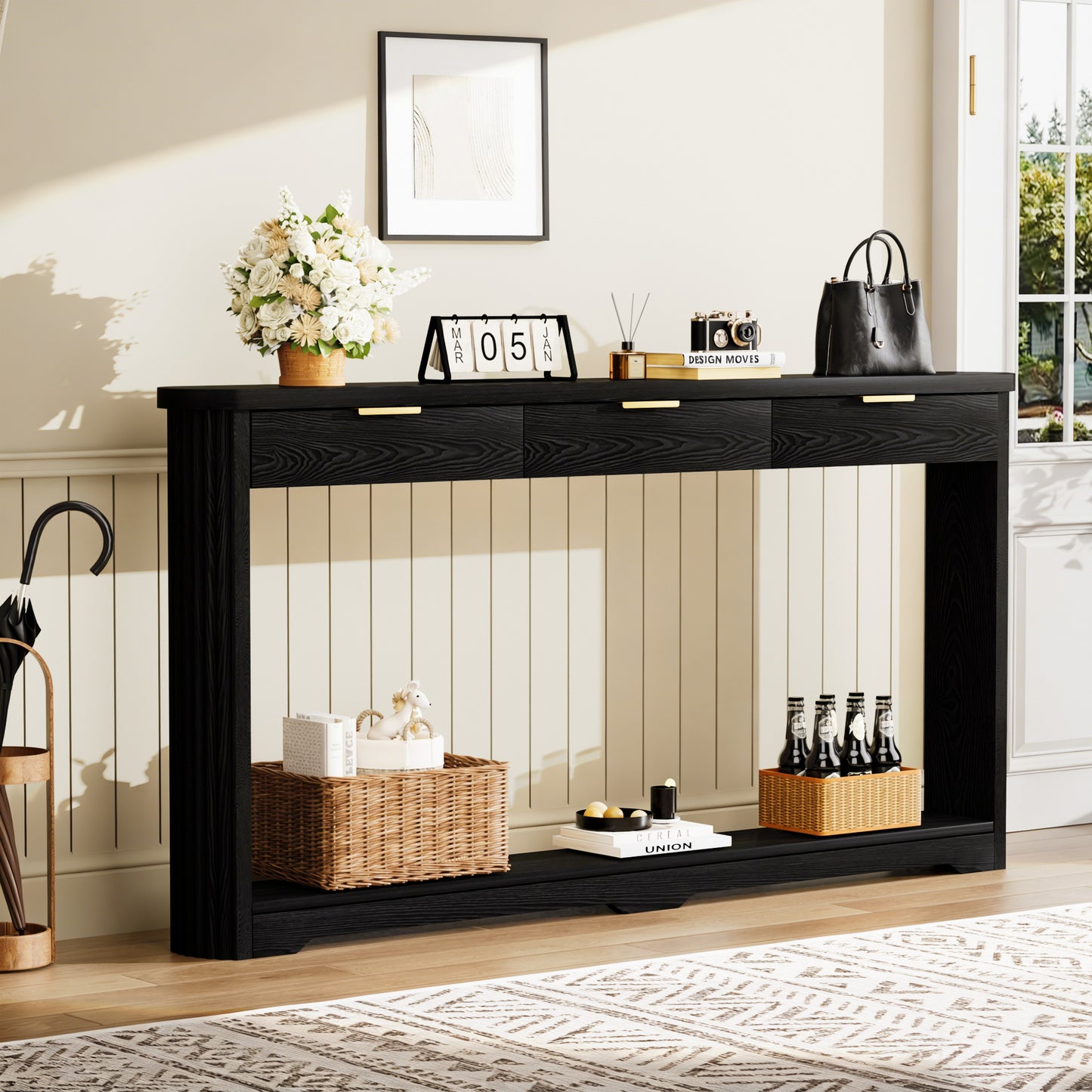 70.1  Wavy-Patterned Storage Table With Drawers, A Slim Wooden Side Table That Can Be Placed Behind A Sofa, Ideal For Entryways, Hallways, And Doorways.Black.70.1 Lx8.7 Wx35.5 H