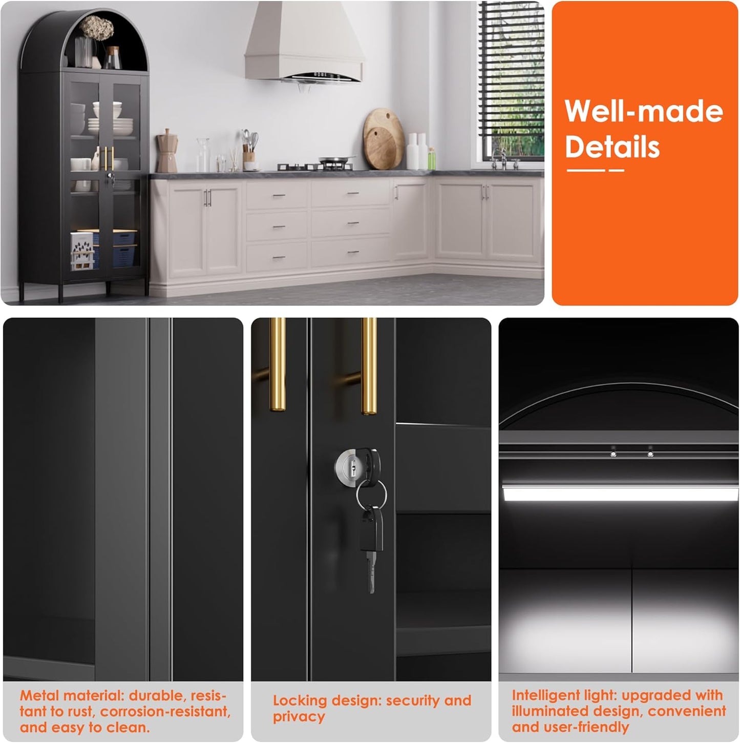 Metal Arched Cabinet With LED Strips, Arch Display Bookcase With Glass Doors, Modern Freestanding Kitchen Pantry Storage Cabinet For Living Room, Dining Room, Home Office, Assembly Required Black