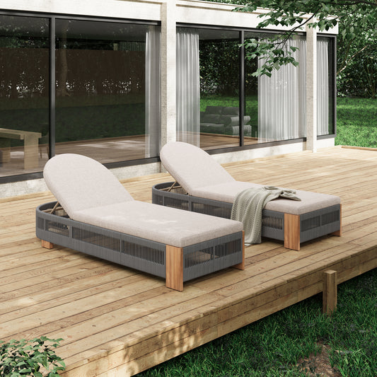 Outdoor  Acacia Wood Patio Adjustable Lounge Chair Set Of 2- Uncushioned For  Pool Garden-Grey Rope & Natural Iron