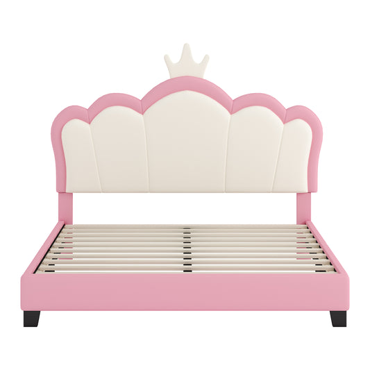 Full Size Upholstered Princess Bed With Crown Headboard,Full Size Platform Bed With Headboard And Footboard, Cream Pink