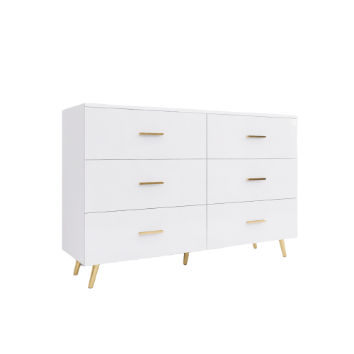High Glossy Surface 6 Drawers Chest Of Drawer With Golden Handle And Golden Steel Legs White Color Vanity