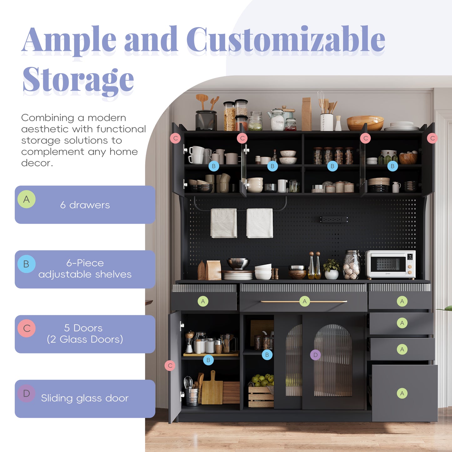 TOPMAX Freestanding 63 W Buffet With Hutch, Large Coffee Bar Storage Cabinet With 6 Drawers, 5 Cabinets With Adjustable Shelves,Pegboard,Towel Rack, Power Outlet,Black