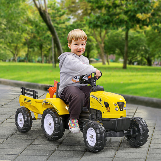 Kids Ride On Tractor With Back Trailer, Shovel & Rake, Horn, Pedal Go Kart For 3 Years Old, Yellow