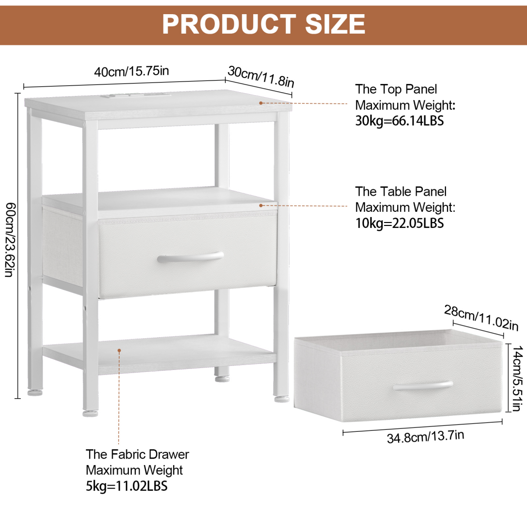 Bedside Table, With Built-in USB--C-type Port Sockets And Adjustable Drawers, 3-layer Storage Rack, And Fabric Drawers