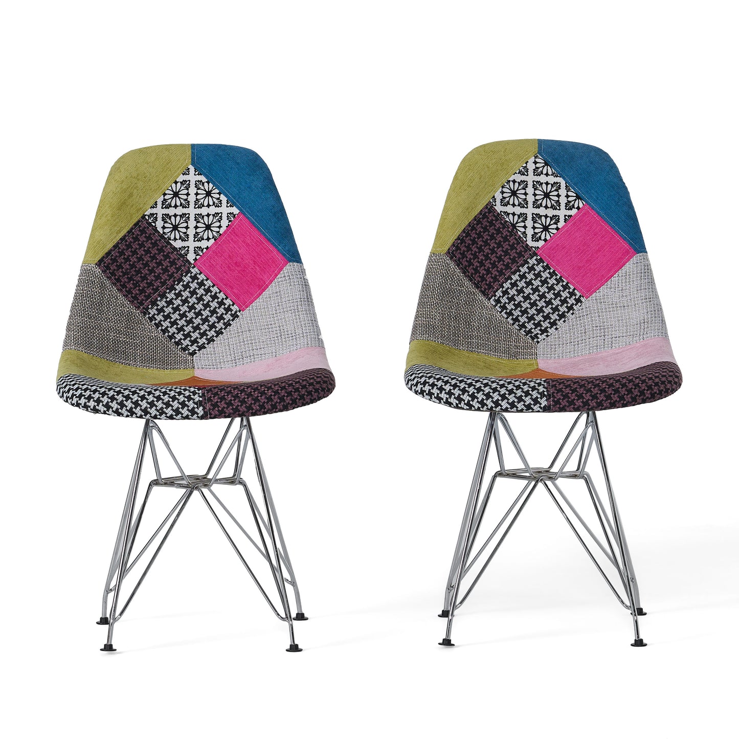 Patchwork Accent Chair Bohemian Style Fabric Chair With Chromed Legs Geometric Pattern Chair, 18D X 21W X 32H, Set Of 2