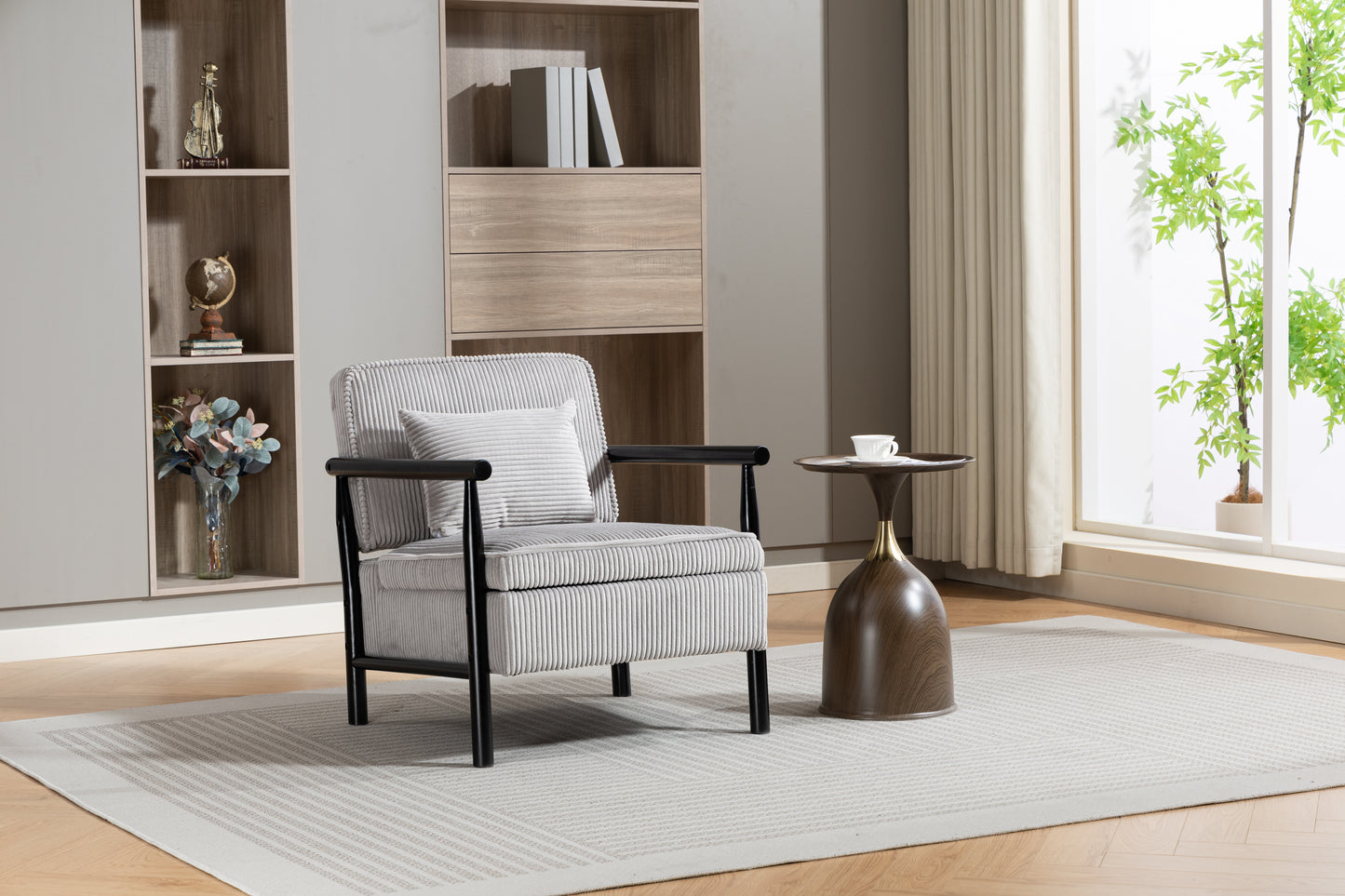 Storage Chair,Mid Century Modern Accent Chair With Wood Frame, Upholstered Living Room Chairs With Waist Cushion, Reading Armchair For Bedroom Sunroom