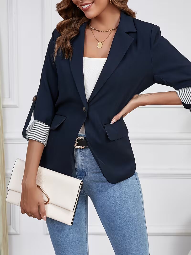 Women's Elegant 3 4 Sleeve Blazer Jacket. Solid Color Button Front H Line Suit Coat, Machine Washable All-Season Professional Outerwear For Office & Formal Events, Versatile Blazer For Year Round Wear