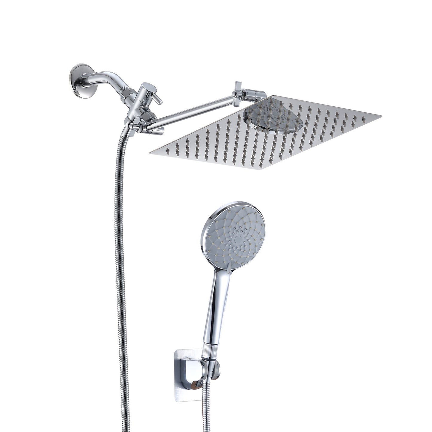 Chrome Shower Head, 10 Inch High Pressure Rainfall Shower Head Handheld Shower Combo With 11 Inch Extension Arm, 6 Settings Adjustable Anti-leak Shower Head With Holder Hose, Height Angle Adjustable