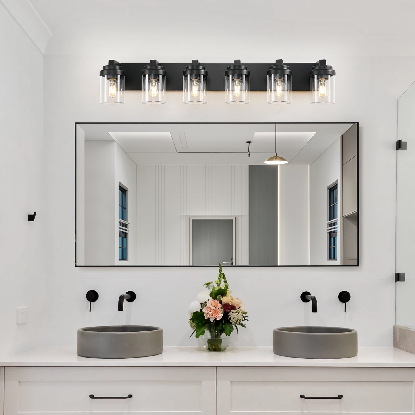 6 Light Bathroom Light Fixtures Over Mirror Bathroom Vanity Light, Black Vanity Lights With Clear Glass Shade, Modern Bathroom Light Fixtures For Bedroom, Hallway Bulbs Not Included