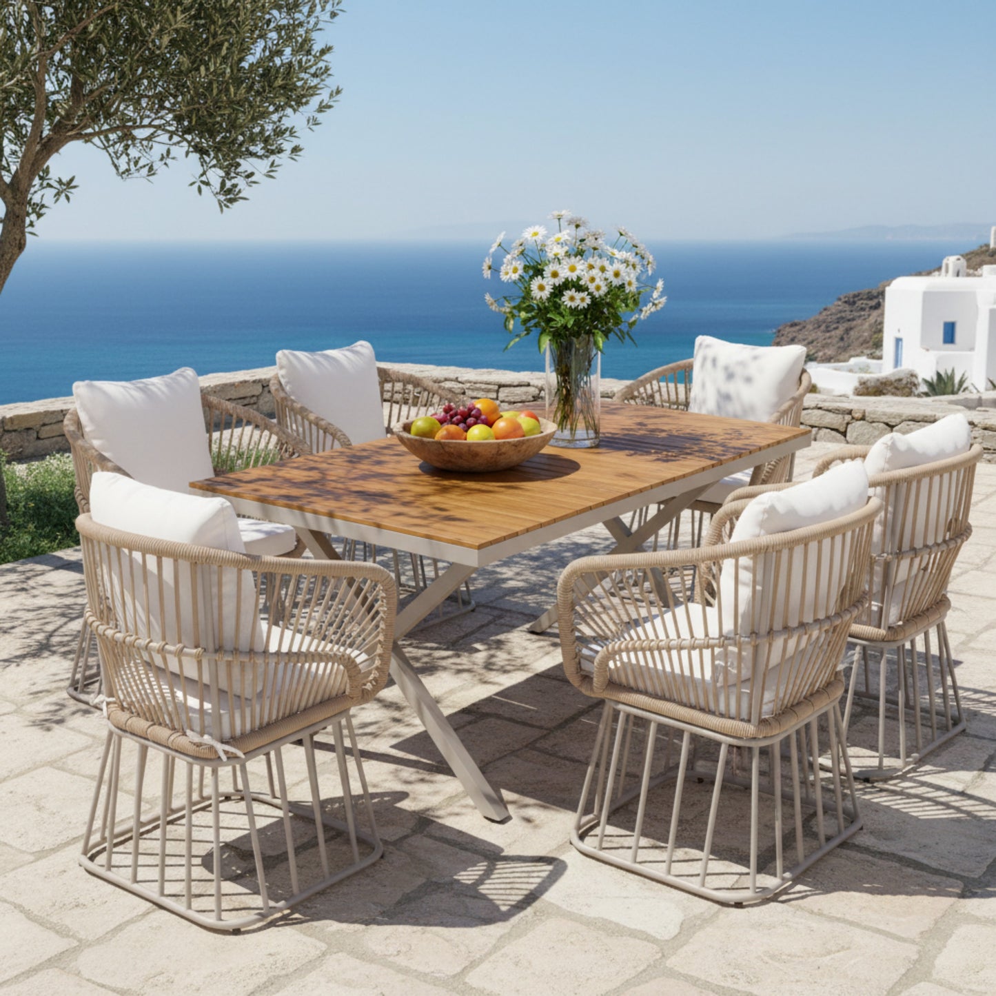 Outdoor 7-Piece Dining Set - Rectangular Teak Wood Table   6 Wicker Chairs With Cushions, Beige Steel Frame, Teak Finish, Perfect For Patio, Deck, Or Garden