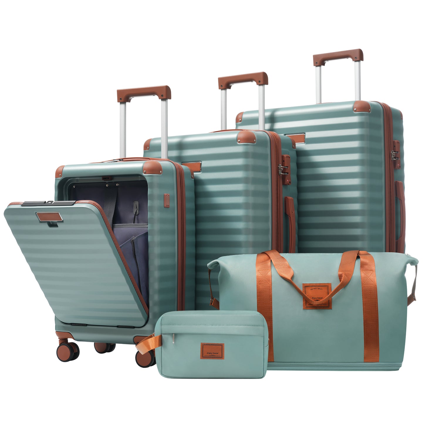 Luggage Sets 5 Piece With Front Opening , Hardside Expandable Carry On Suitcase With Spinner Wheels TSA Lock USB Port  Cup Holder Duffel Bag And Toiletry Bag