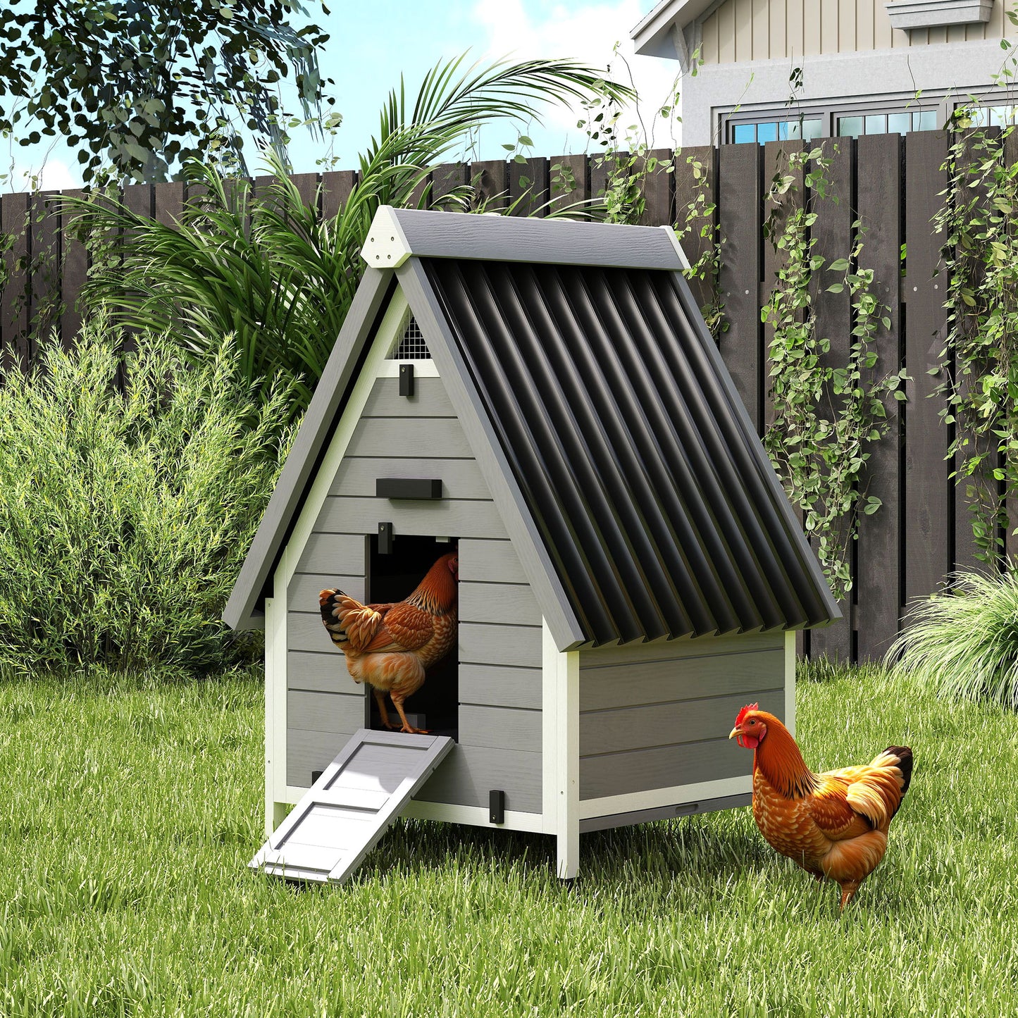 Chicken Coop For 2 Chickens, Outdoor Wooden Chicken House With Removable Nesting Box & Roosting Bar, Tray, Ramp