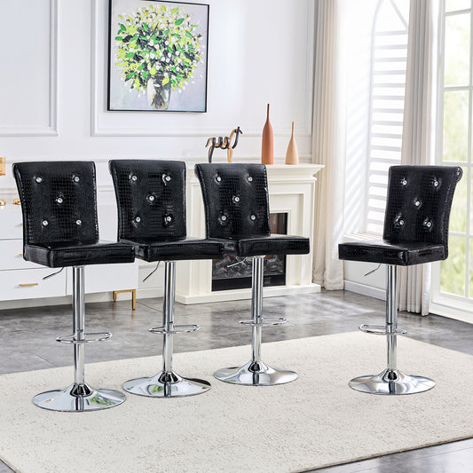 A Set Of 2 Black Vintage Crocodile Leather Lift Bar Chairs, Featuring Crystal Clasp Design And Synthetic Leather Design, Adding A Touch Of Elegance And Mystery To The Dining Area