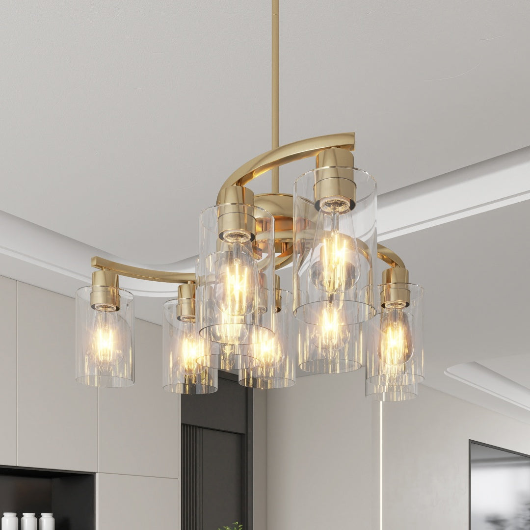 9-Light Gold Glass Chandelier, Adjustable Height Dining Room Light Fixtures Over Table, Contemporary Hanging Chandelier For Kitchen Island Living Room Foyer Office, Clear Glass Shade