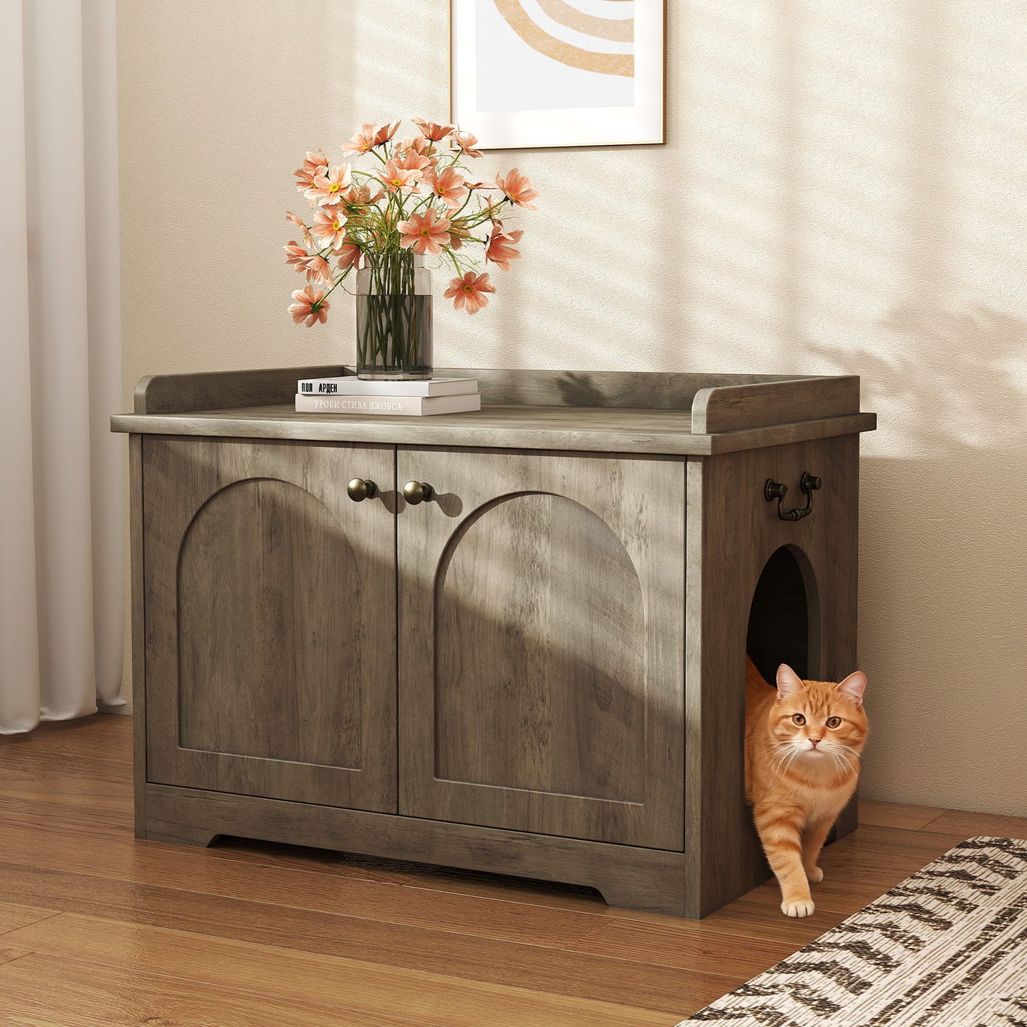 Cat Litter Box Enclosure Furniture With Scratching Pad Wooden Cat Washroom Pet House 31.5x22.05x19.69in