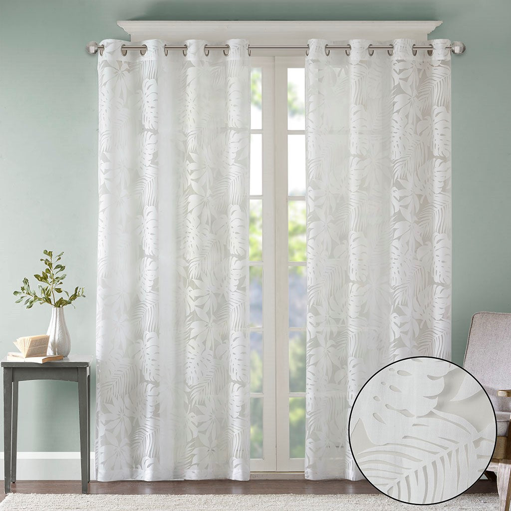 Palm Leaf Burnout Window Sheer White 50x63