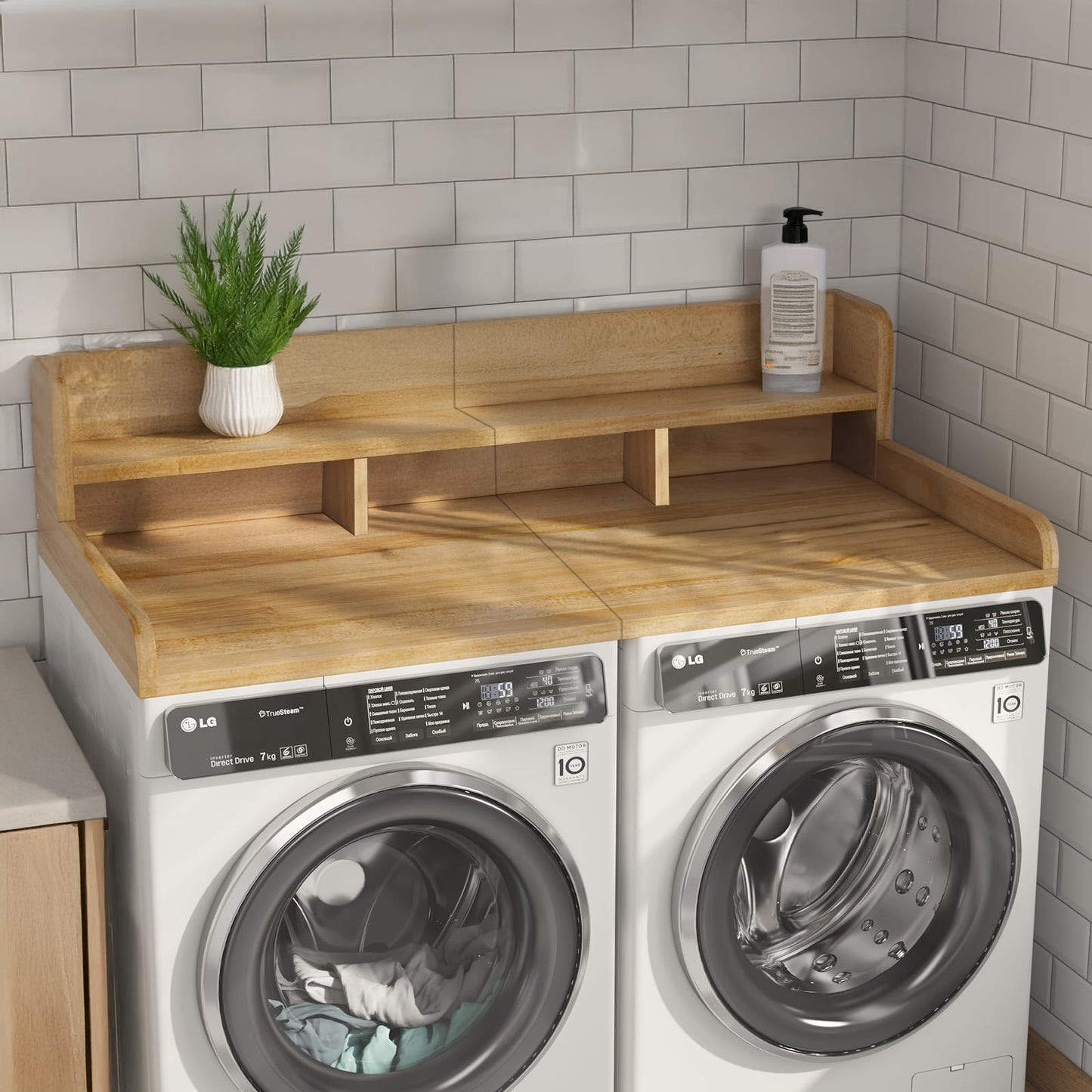 Washer Dryer Countertop With Non-slip Pads, Laundry Wood Shelf Topper With Edge, 54 Width X 27.5 Depth Double Layer Organizer For Washer And Dryer Laundry Hamper Counter Storage Natural Color