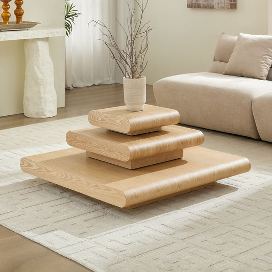 3-Piece Modular Stacking Coffee Table  Natural Wood Look, Mordern MDF Table Front Of The Sofa, 39.37 Inch Square Center Coffee Table For Living Room,No Assembly,Natural Color