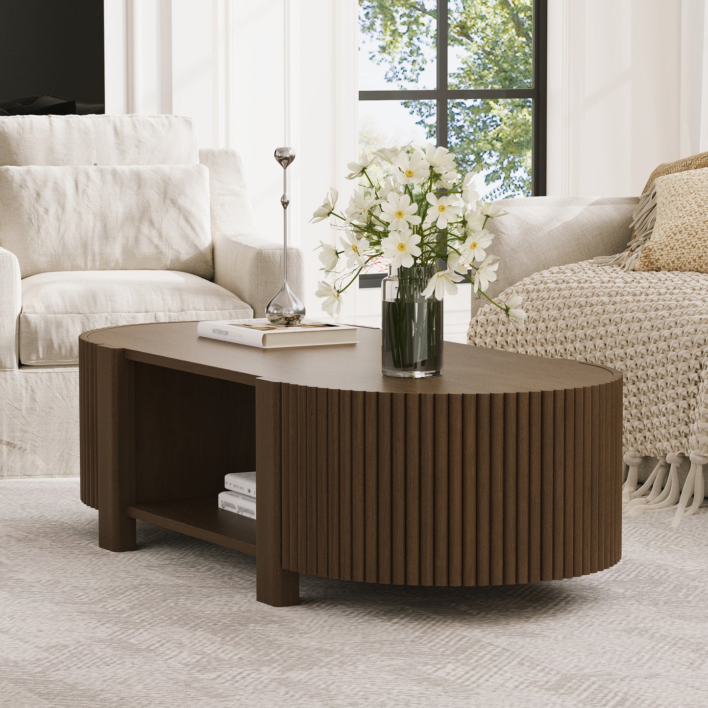 Oval Fluted Coffee Table With Storage For Living Room, Rubber Solid Wood, 1 Shelf & 2 Open Storage Doors, Walnut, 47