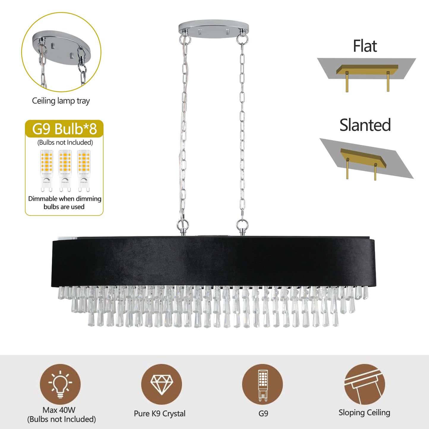 39in Modern Crystal Chandelier With Black Imitation Velvet Anti-Glare Shade, Adjustable Height, 8-Light G9 Base For Dining Room, Living Room, Or Bedroom  Bulb Not Included