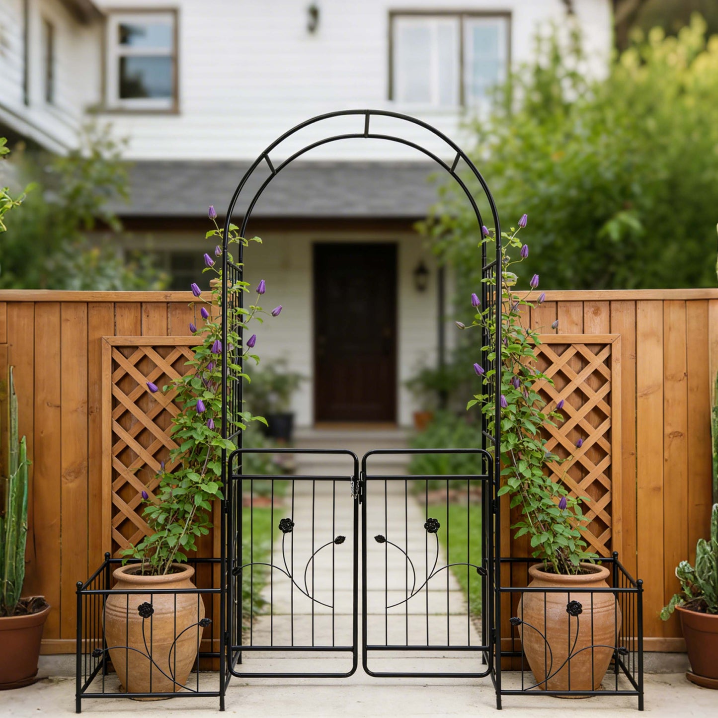 Metal Garden Arch With Gate 79.5  Wide X 86.6  High Climbing Plants Support Rose Arch Outdoor Black