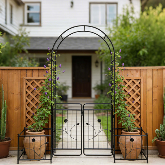 Metal Garden Arch With Gate 79.5  Wide X 86.6  High Climbing Plants Support Rose Arch Outdoor Black
