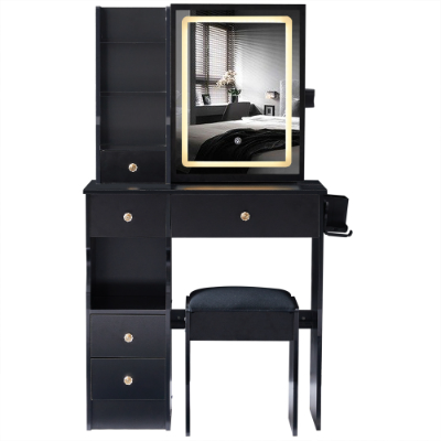29.2 Small Size Left Drawer Desktop Vanity Table  Cushioned Stool, 2 AC2 USB Power Station, Hair Dryer Bracket, Extra Large Touch Control Sliding LED Mirror, Tri-color Switching, Brightness Adjust
