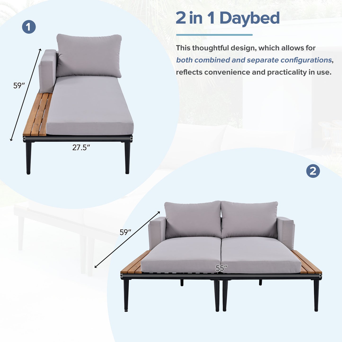 TOPMAx Modern Outdoor Daybed Patio Metal Daybed With Wood Topped Side Spaces For Drinks  2 In 1 Padded Chaise Lounges For Poolside  Balcony  Deck  Gray