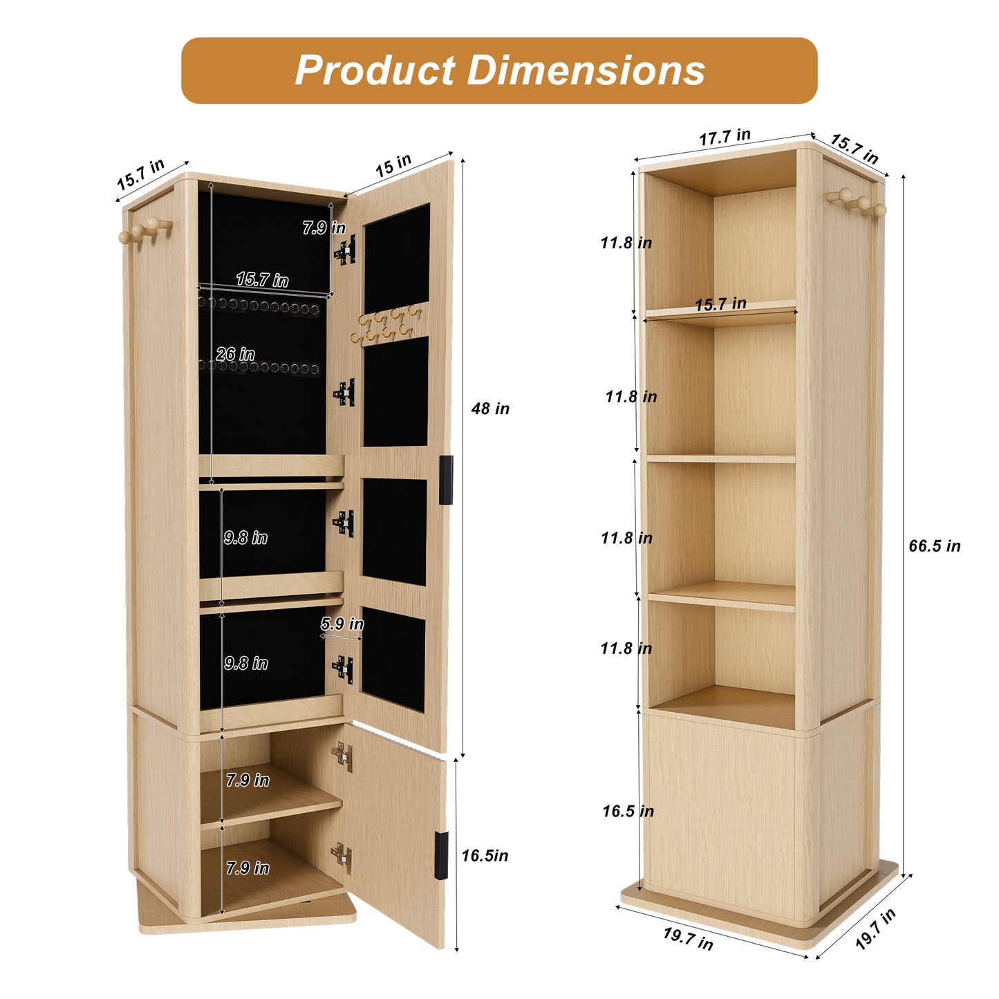 360 Rotating Makeup Cabinet, Jewelry Cabinet With A Full-length Mirror, Standing Storage Cabinet With A Coat Rack, 4 Layers Of Open Shelves And 2 Layers Of Built-in Shelves, Walnut
