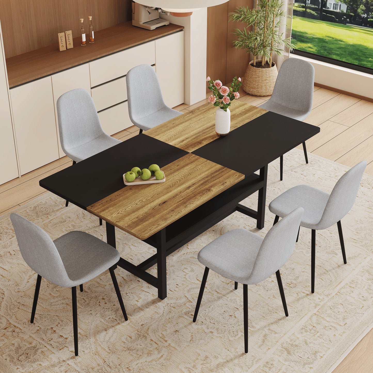 Table And Chair Set.71x35.4 Inch Wooden And Black Spliced Dining Table With Storage Function In The Middle Of The Table Legs.Paired With 6 Light Gray Linen Fabric Chairs.