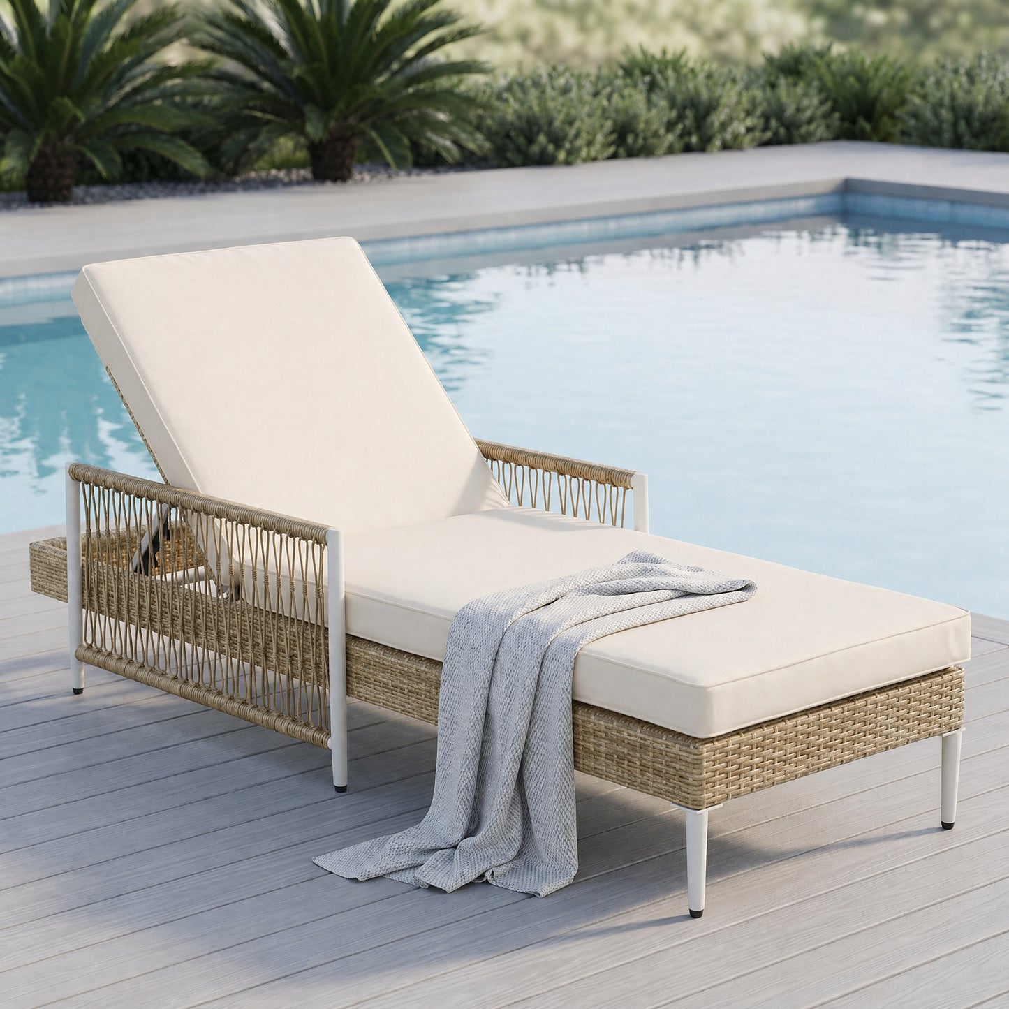 TOPMAX Outdoor All-Weather PE Rattan Chaise Lounge, Minimalist Patio Wicker Lounge Chair With 6 Gear Adjustable Recliner, Arms And Cushion For Poolside, Deck, Beige