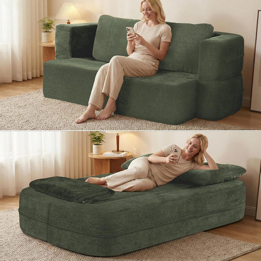 Convertible Sofa Bed With Blanket, Boneless Cloud Couch Queen  Fabric For Living Room Bedroom, Modular Loveseat With High-Density Solid Sponge No Assembly,Green.