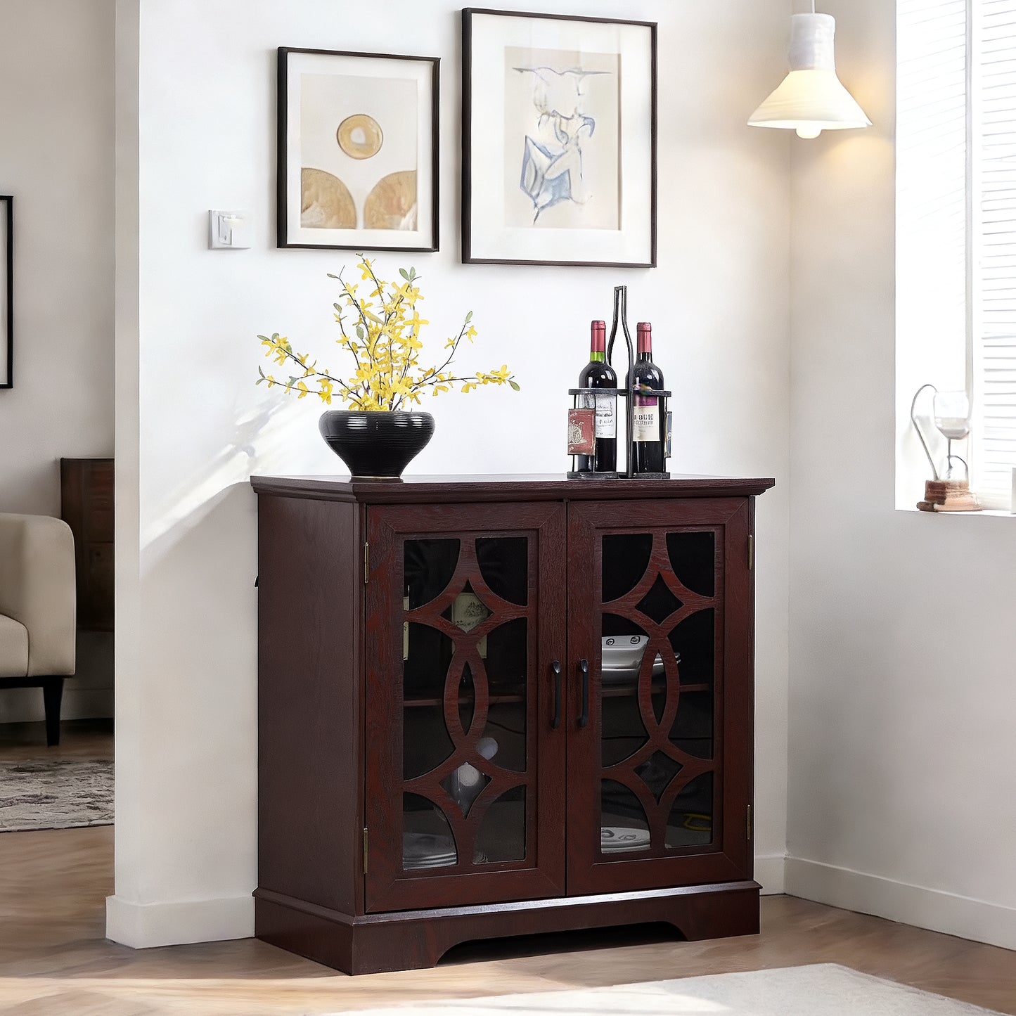 34.37 X 15.55 X 34.06in Spacious Size Sideboard 2 Clear Tempered Glass Doors Buffet With Adjustable Shelf, MDF With Dark RED Decorative Laminates Storage Cabinet For Dinning Room, Kitchen,living Room
