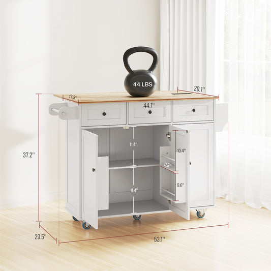 Kitchen Island On Wheels With Drop Leaf, Charging Station, Rolling Kitchen Cart With Wood Top, Adjustable Shelf, White