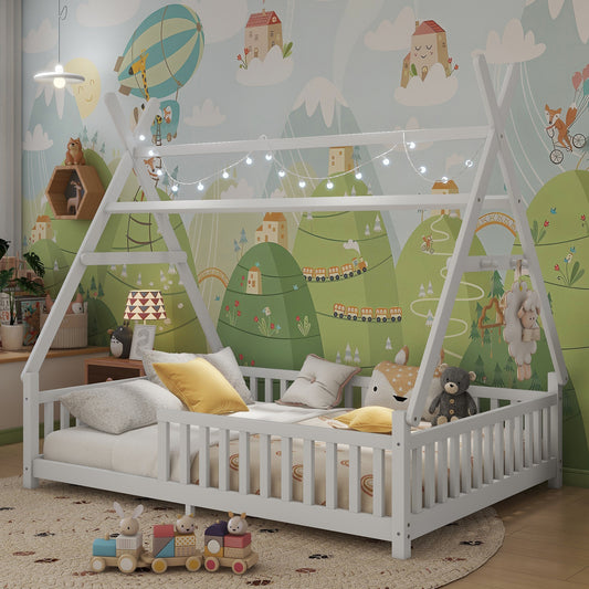 Full House Bed With Light, Low Floor House Bed With Fence And Roof For Kids Boys Girls,WhiteExpect Arrive Date 2026 4 2 Old SKU W2593P296919