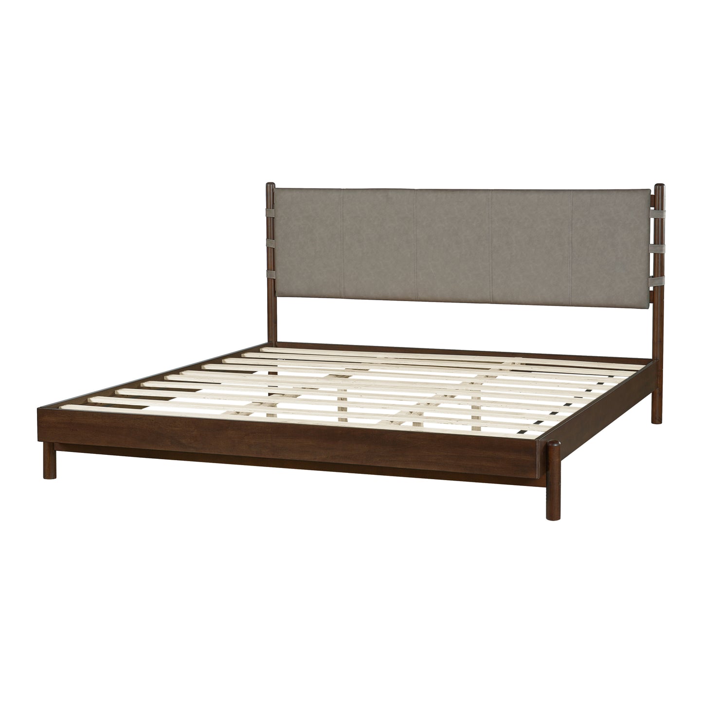 Premium Rubber Wood Platform Bed Frame, King Bed Frame With Headboard Included, Mid Century Modern Bed With Walnut Light Grey Color