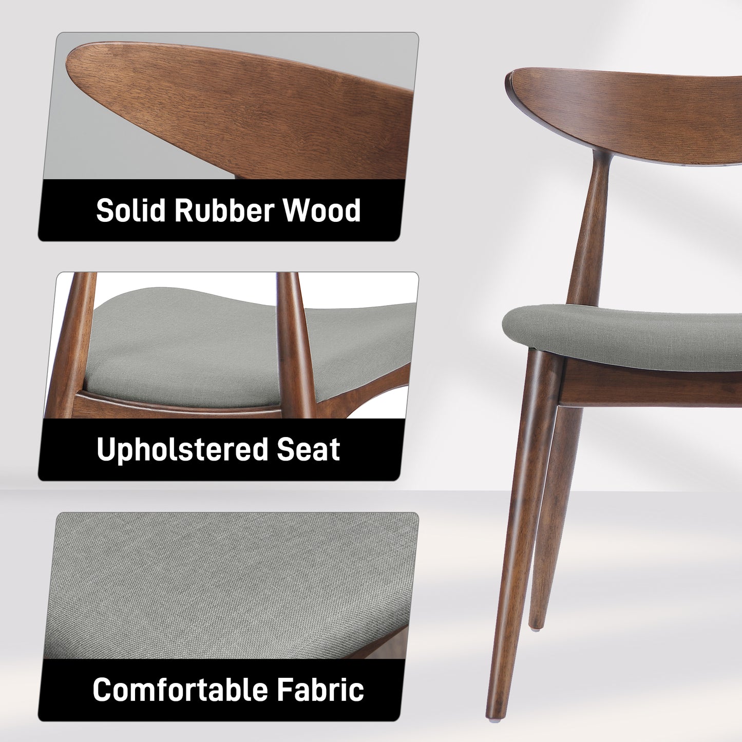 Set Of 2 Retro Rubberwood Chairs With Ergonomic Back & Plush Cushions, Walnut Light Gray  Same Sku 59297.00DBEI