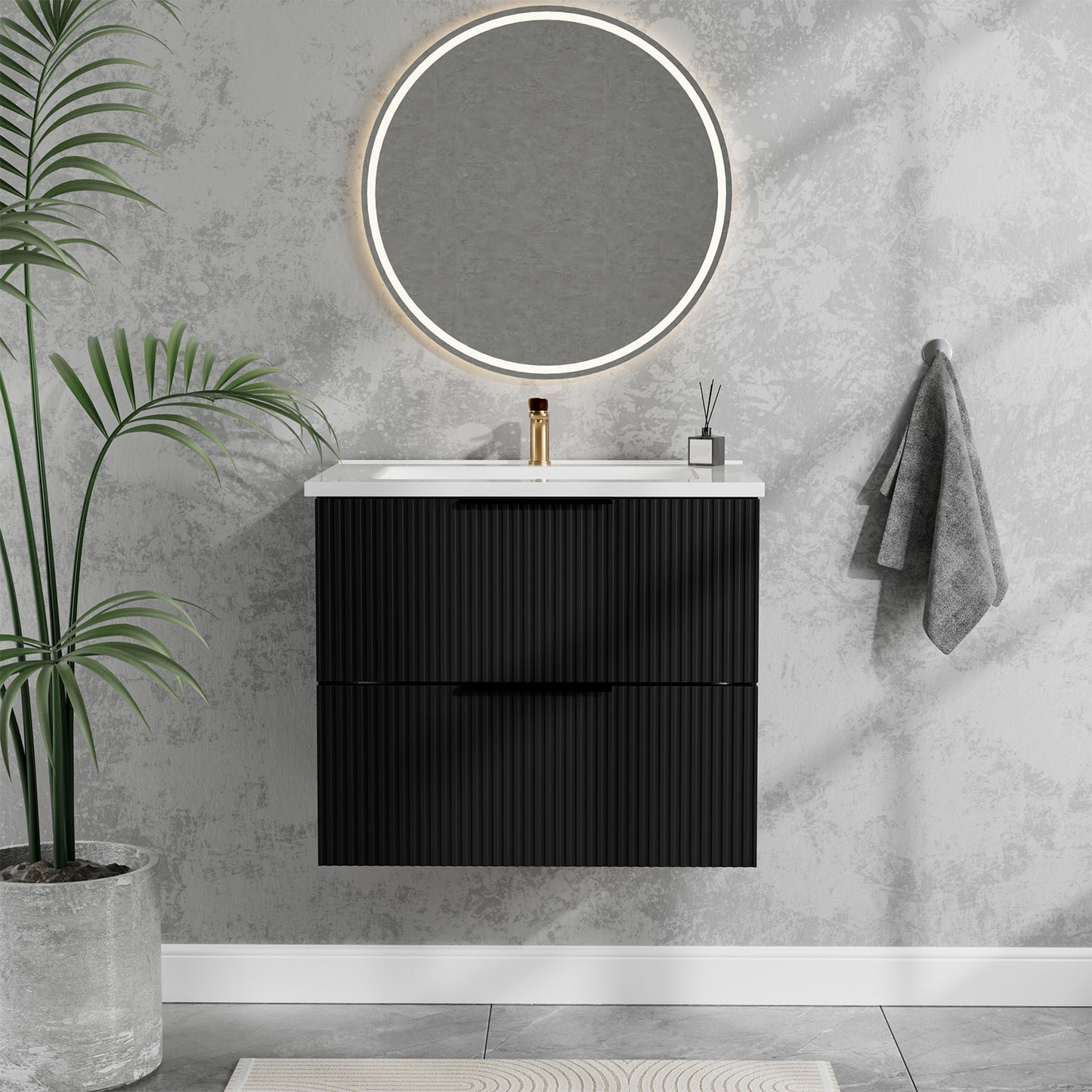 24 Inch Bathroom Vanity Cabinet With Ceramic Sink - Black Wall Mounted Floating Fluted Vanity With Drawers  Modern