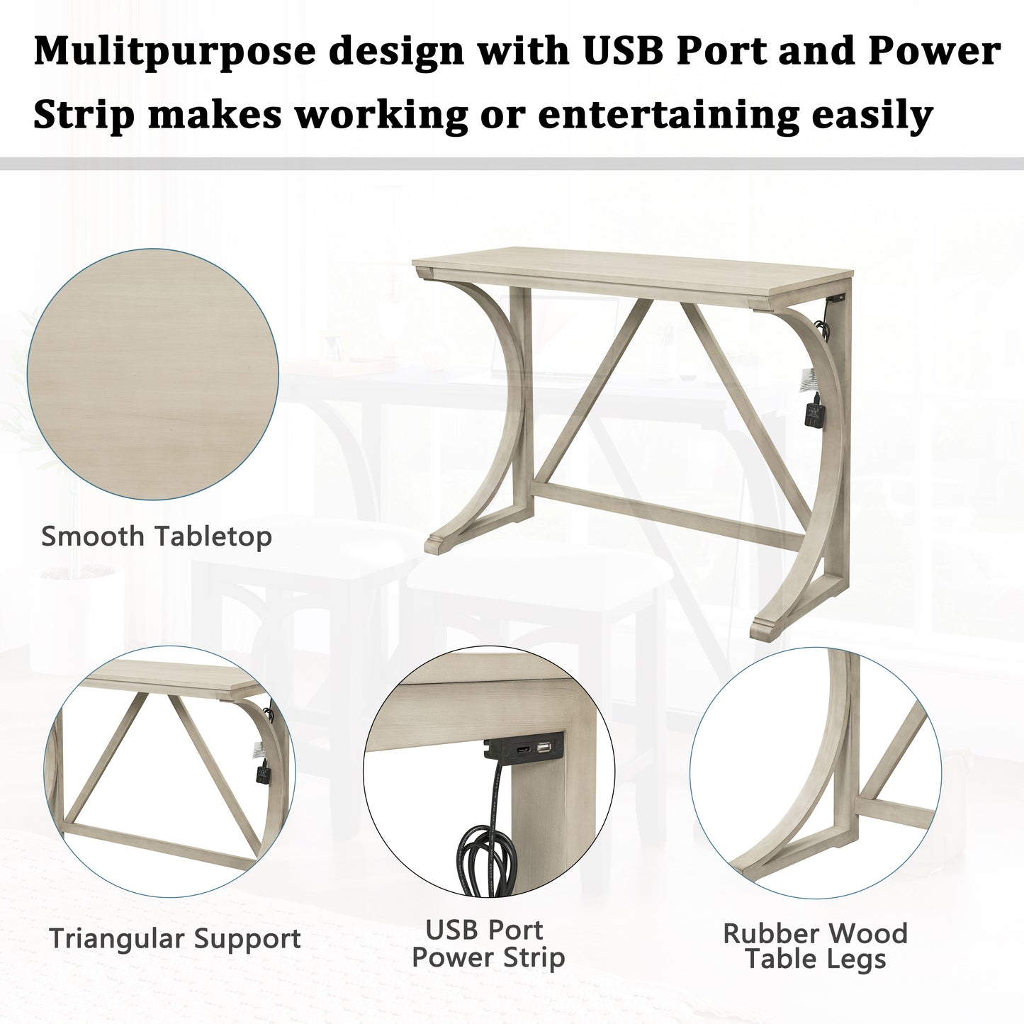 TOPMAx Farmhouse 3- Piece Counter Height Dining Table Set With USB Port And Upholstered Stools Milky White