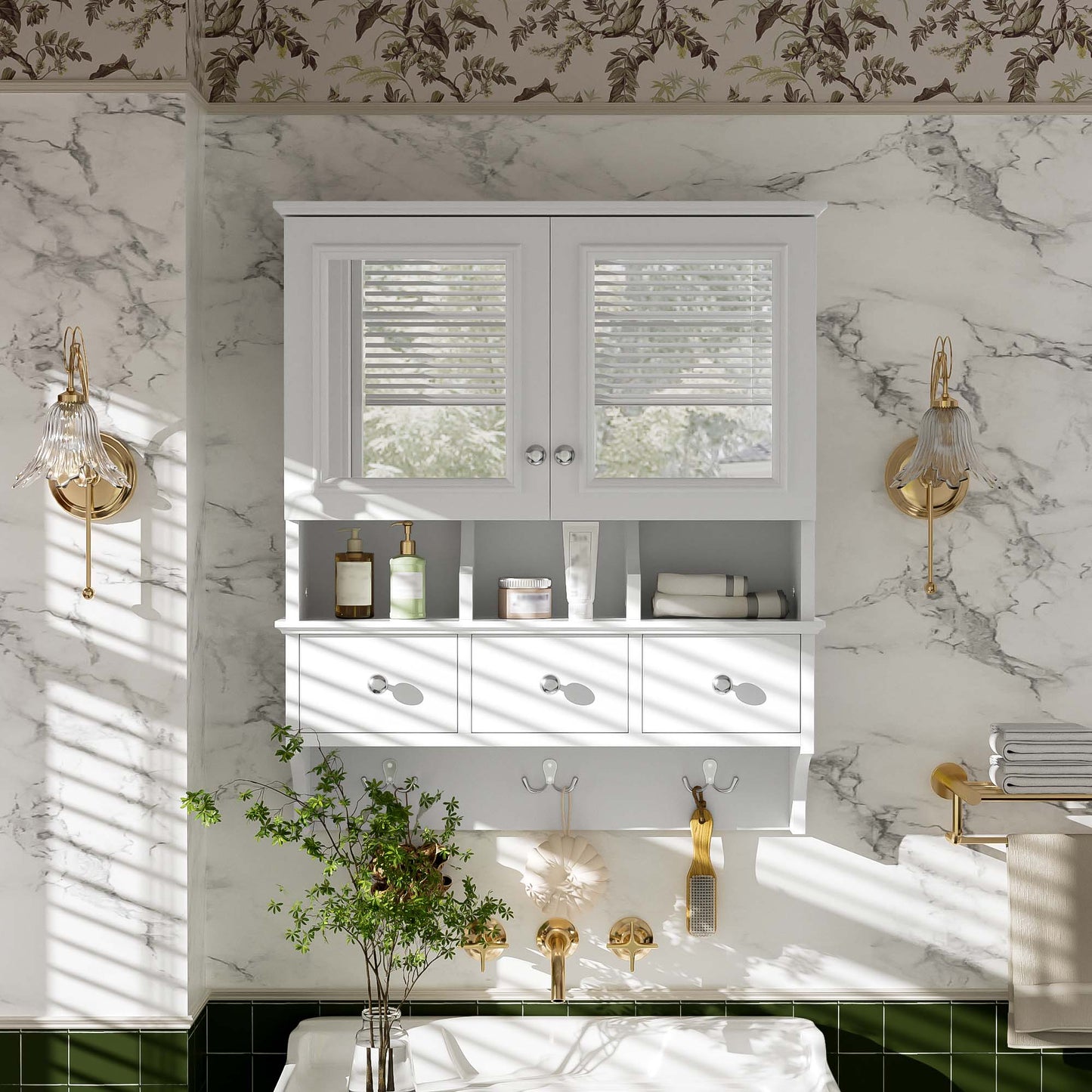 4-in-1 Bathroom Mirror Cabinet, 24-inch Wall Mounted Medicine Cabinet With Drawers & Organizer Hooks, High-Define Mirrors With Storage For Bathroom Vanity