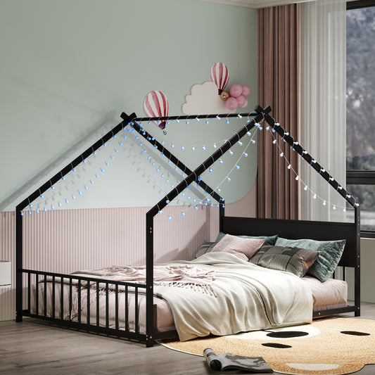 Full Size House Bed With Roof And Colorful Lights, Metal Bed Frame With Slats And Legs, House Bed For Boy, Girls And Young Teens, No Box Spring Needed,Black.