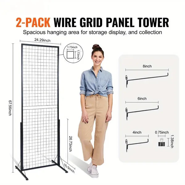 Professional Gridwall Display System 2-Pack 24' X 67' Double-Sided Retail Grid Wall Panels With Sturdy T-Base & 20 Display Hooks And Clips For Boutique, Craft Fair & Trade Show