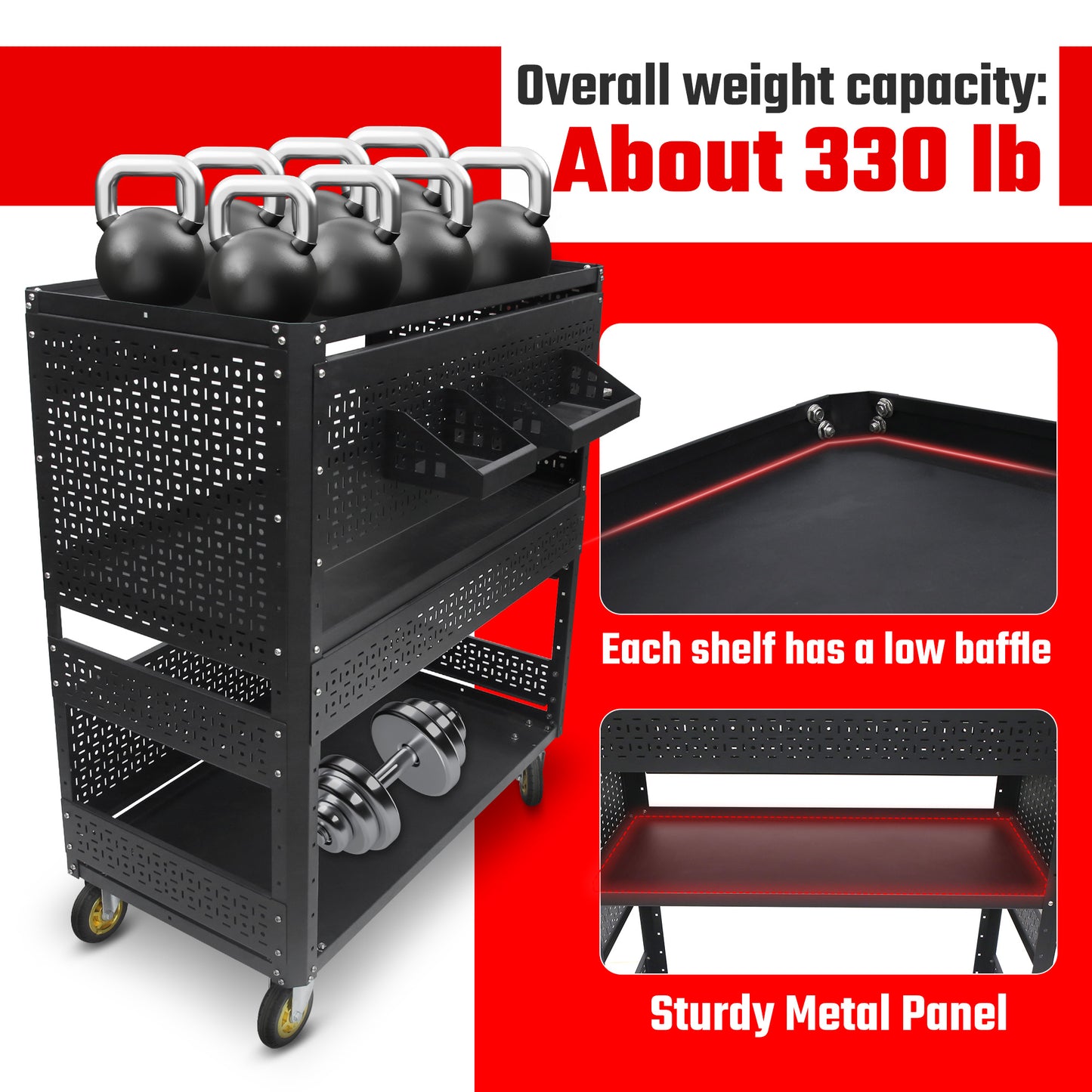 3-Tier  DIY Detachable Utility Cart Storage Tool Cart With Steel Pegboard, Foldable Rolling Tool Cart With Wheels For Garage Organizer And Tool Storage