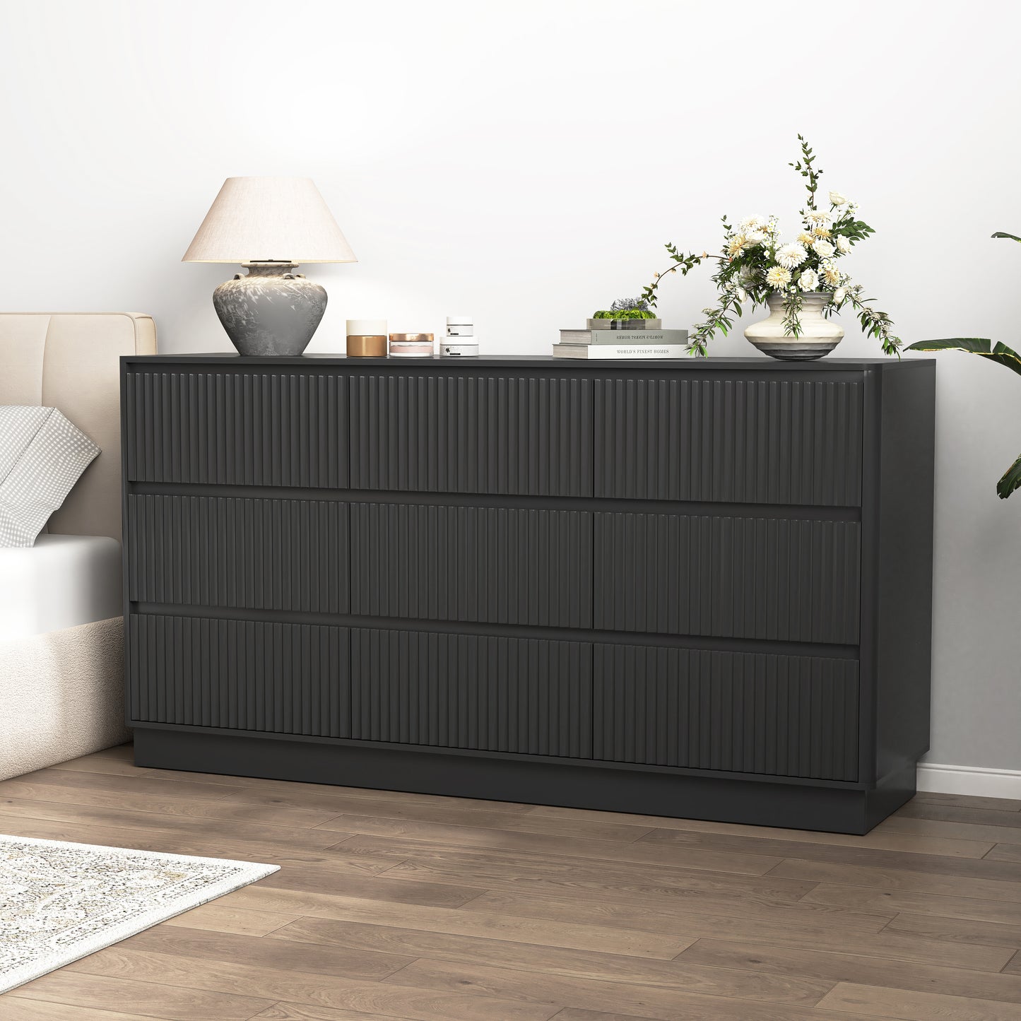 9 Drawer Dresser For Bedroom With Large Drawers, Wood Dresser, Large Floor Chest Of Drawers, Modern Long TV Stand, Mid Century Storage Cabinet Side Table, Black