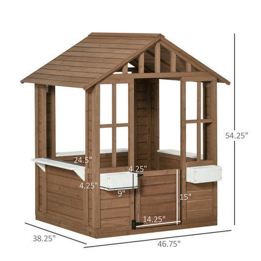 Kids Wooden Playhouse, Outdoor Garden Games Cottage With Flowers Pot Holder, Working Door, Windows, Brown