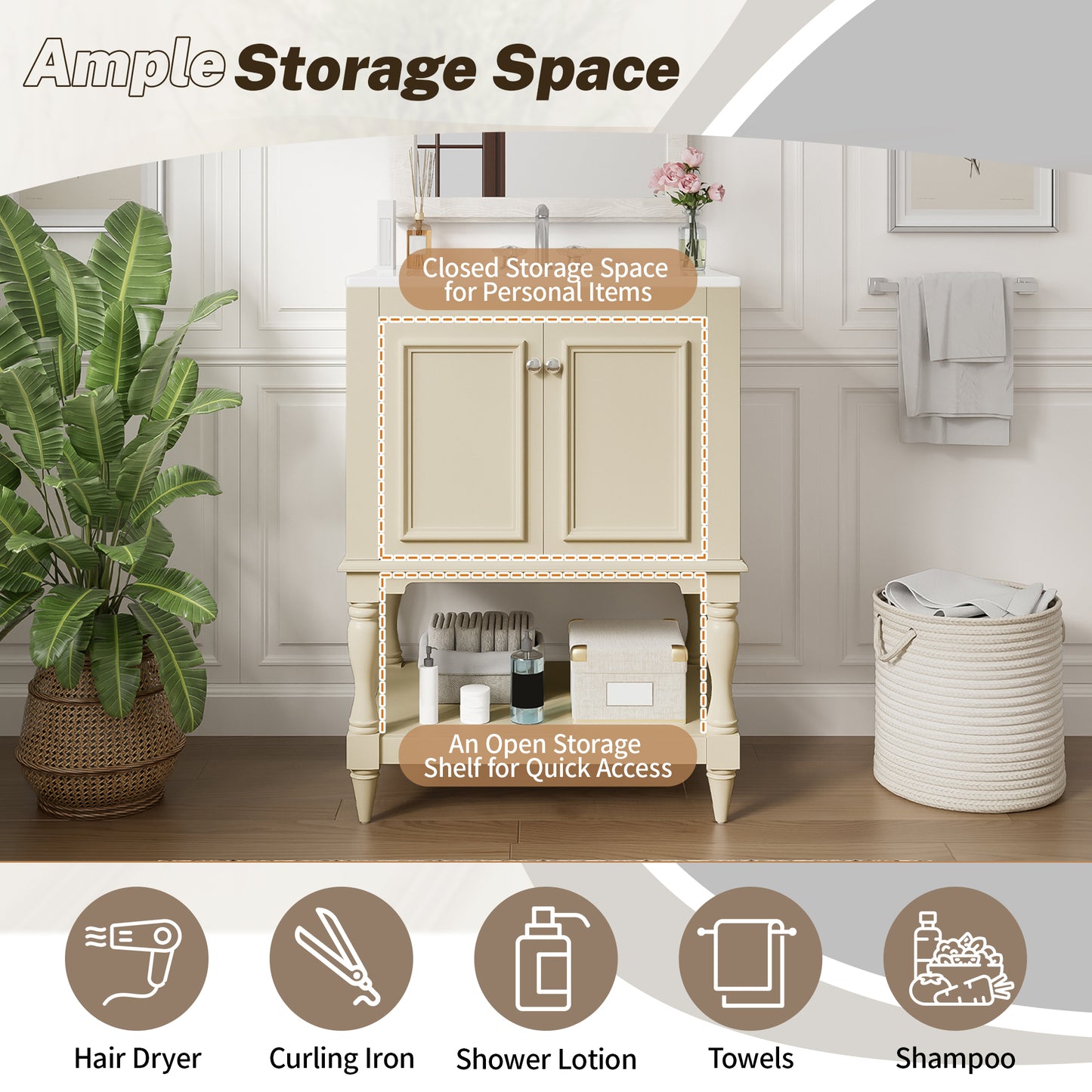 24 Inch Modern Luxury Bathroom Vanity With Ceramic Sink, Bathroom Cabinet With Open Shelf And Closed Storage