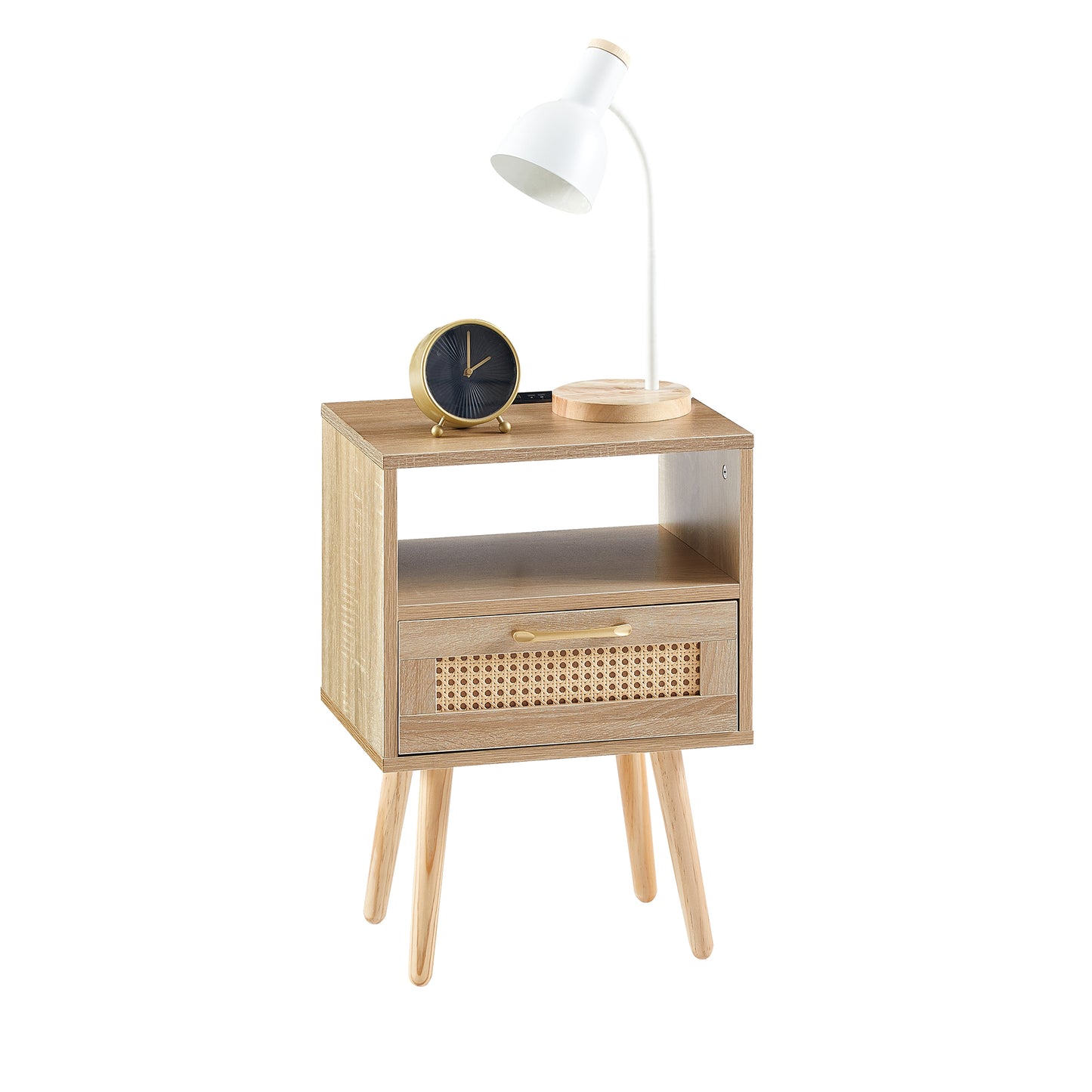 15.75  Rattan End Table With Power Outlet  & USB Ports , Modern Nightstand With Drawer And Solid Wood Legs, Side Table For Living Room, Bedroom,natural