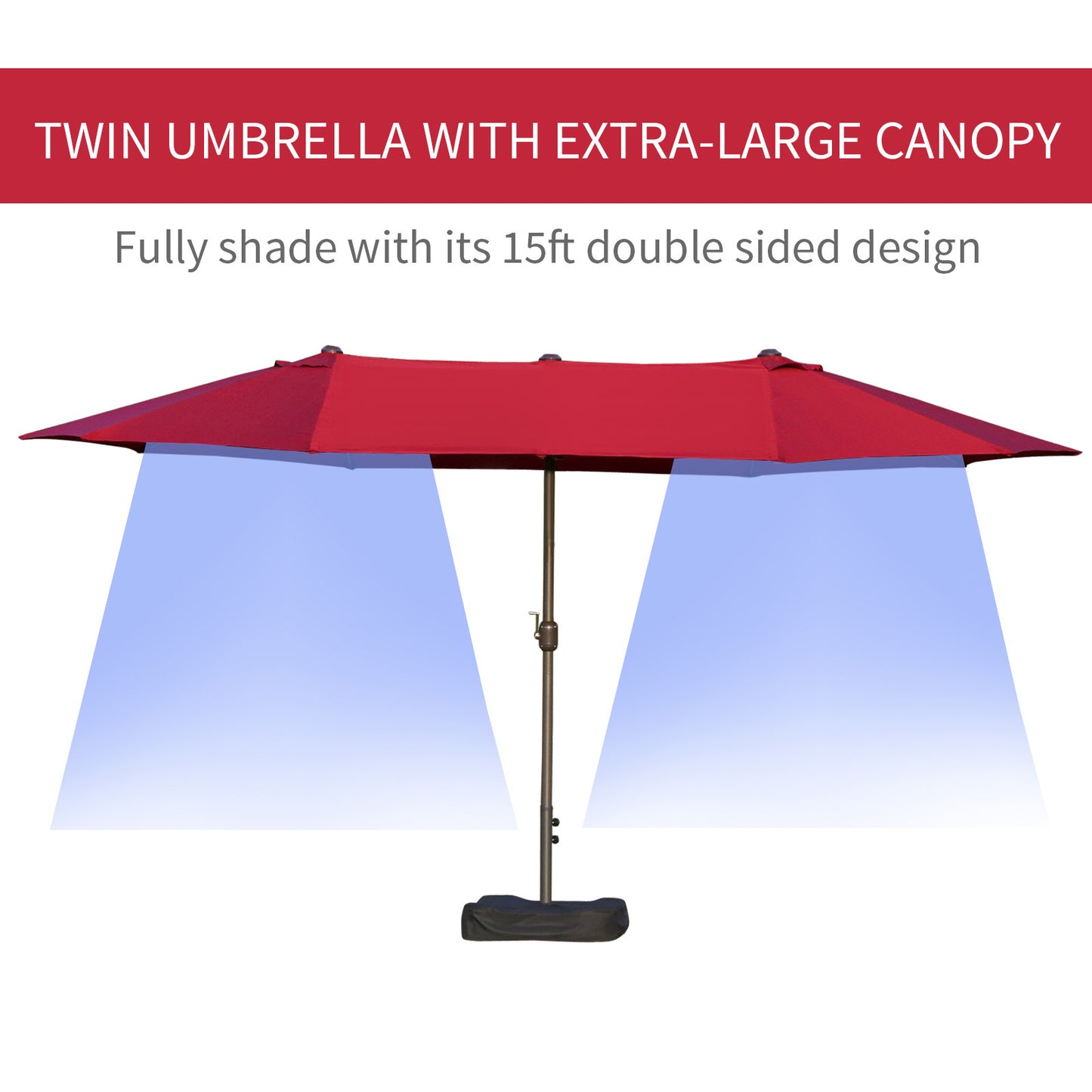 Patio Umbrella 15' Steel Rectangular Outdoor Double Sided Market With Base, UV Sun Protection & Easy Crank For Deck Pool Patio, Wine Red