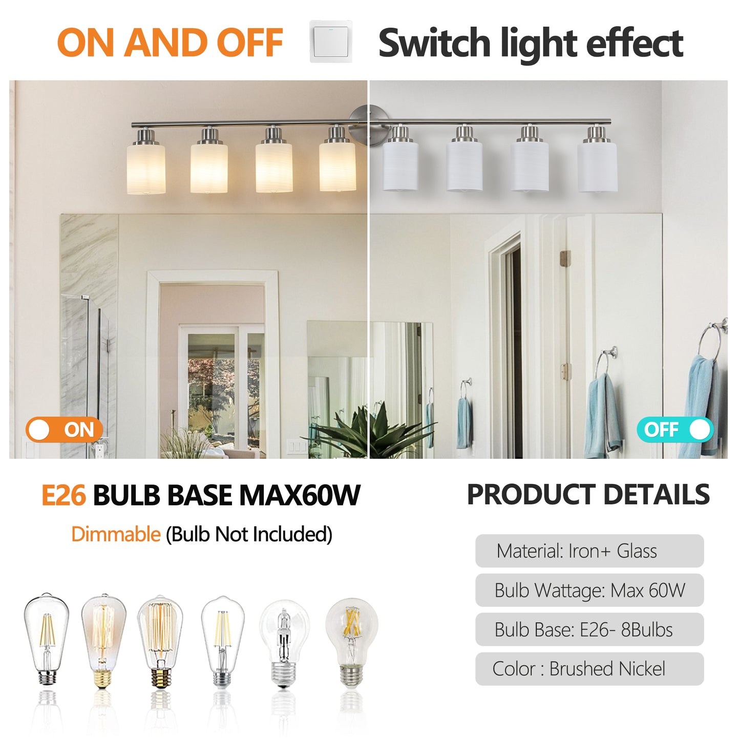 52   Modern 8-Light Vanity Wall Sconce, Brushed Nickel Finish With Frosted Glass Shades For Bathroom Or Hallway Lighting  No Bulbs